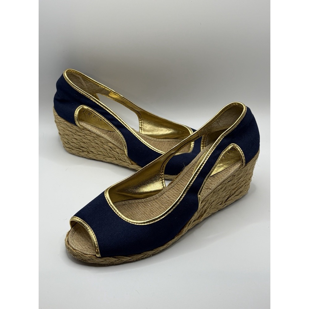 Rare Ralph Lauren Claudia Shoe Canvas Wedge Sandals Coastal Chic Womens Size 8B